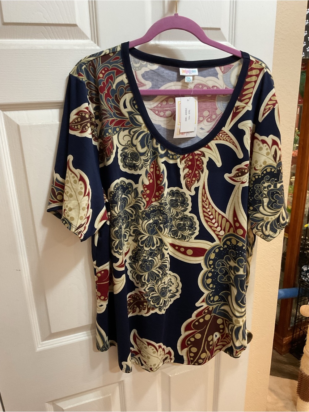 LuLaRoe Iris Navy Floral Paisley Short Sleeve Top with Cream and Burgundy Accent